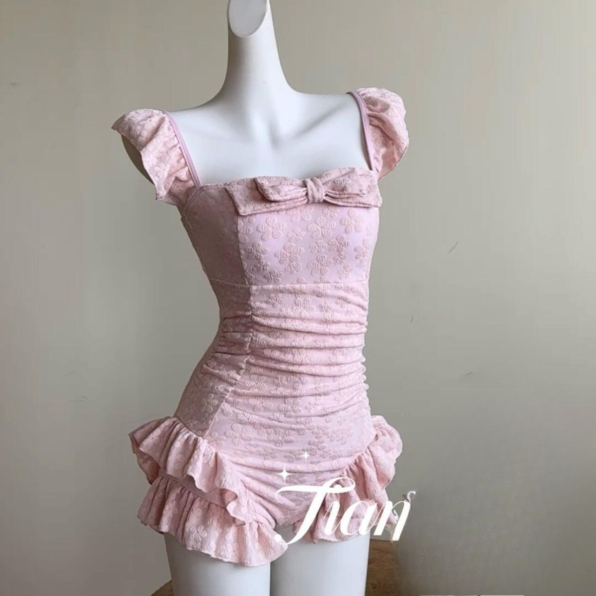 Swimsuit Bikini Ruched - Swimsuit Women Pink Jacquard Fabric Square