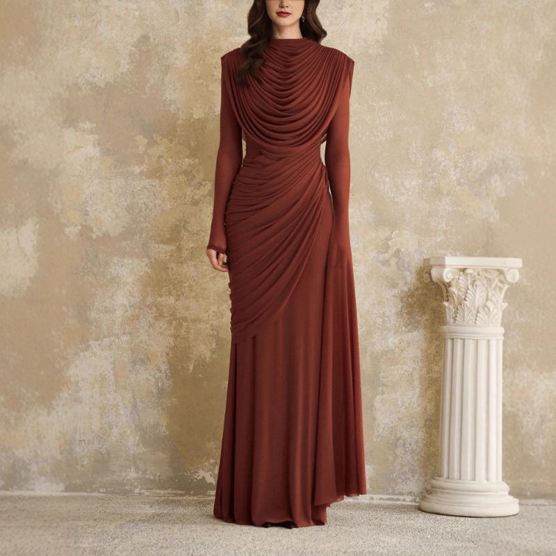 Solid Draped Neckline Long Dre - Linen Dress Wrap review and price