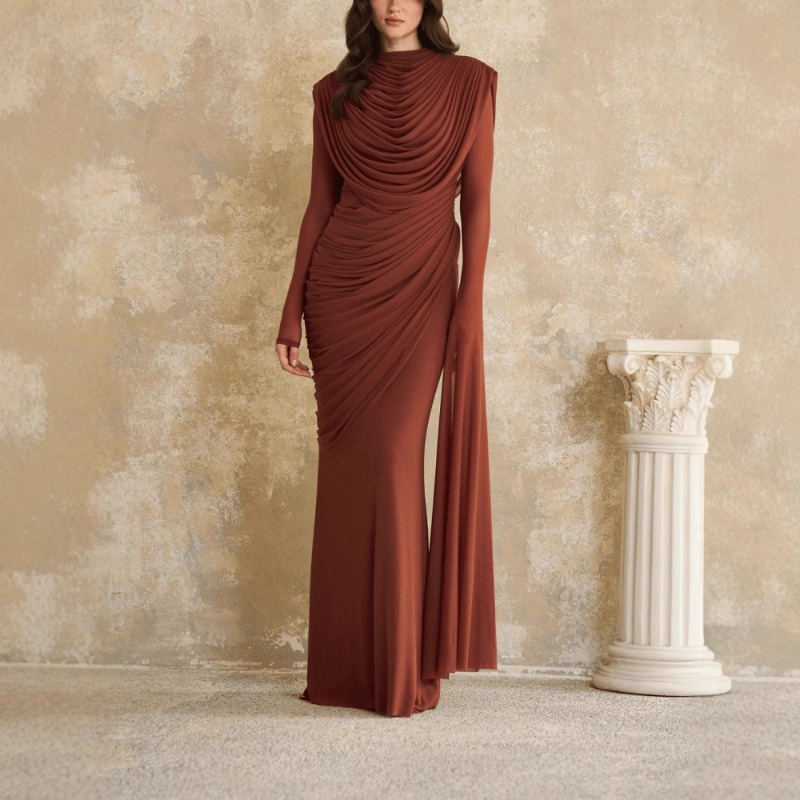 Solid Draped Neckline Long Dre - Linen Dress Wrap review and price