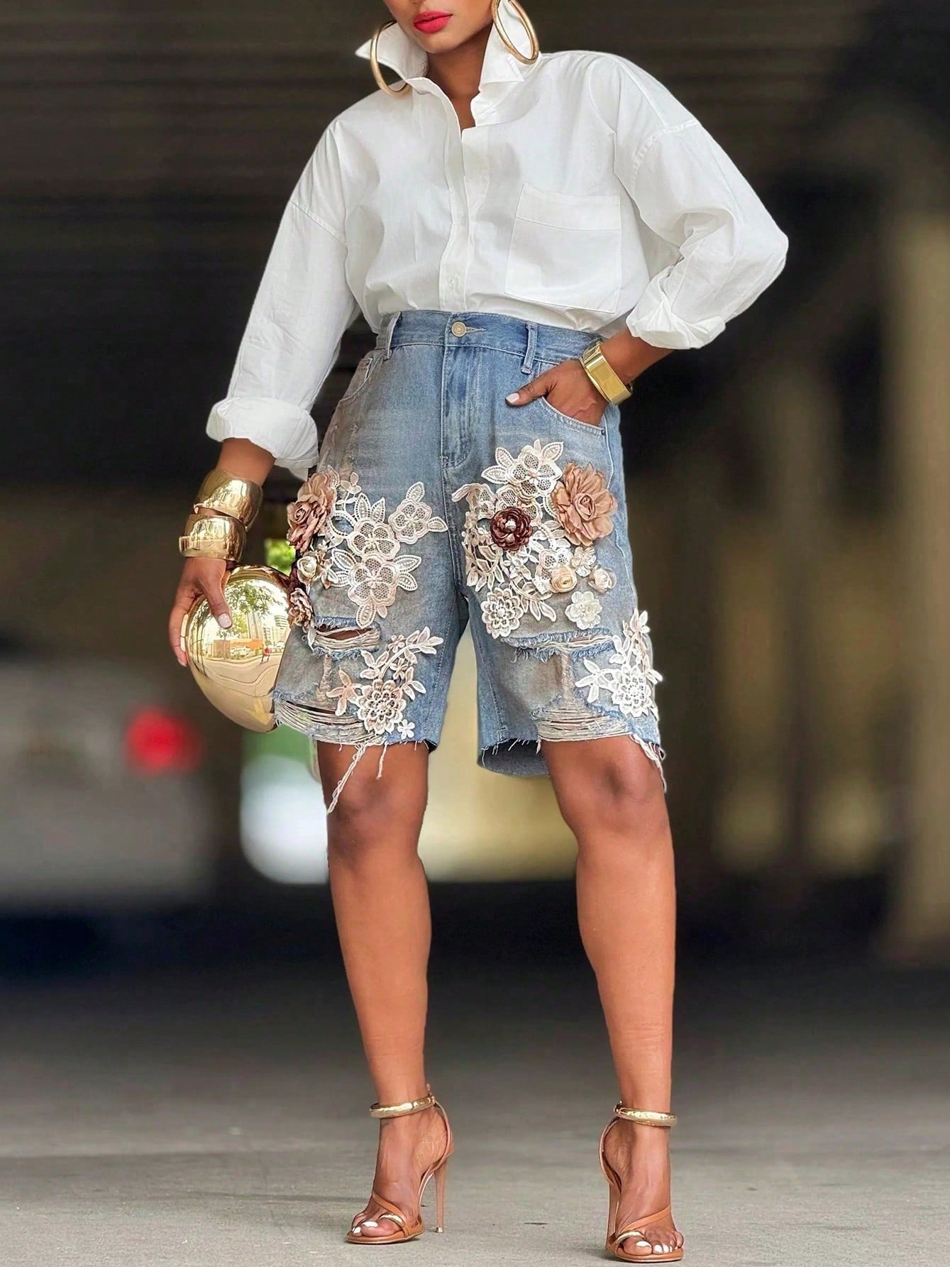 GLOURI Women 3D Floral Appliqu - Shorts Denim Frayed review and price