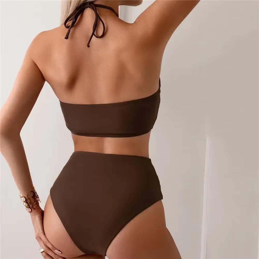 Dark Brown Solid Swimwears Hal - Swimsuit Bikini Ruched review and price