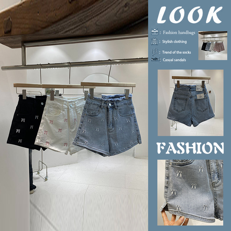 Embroidered  Knot Denim Shorts - Shorts Denim Frayed review and price