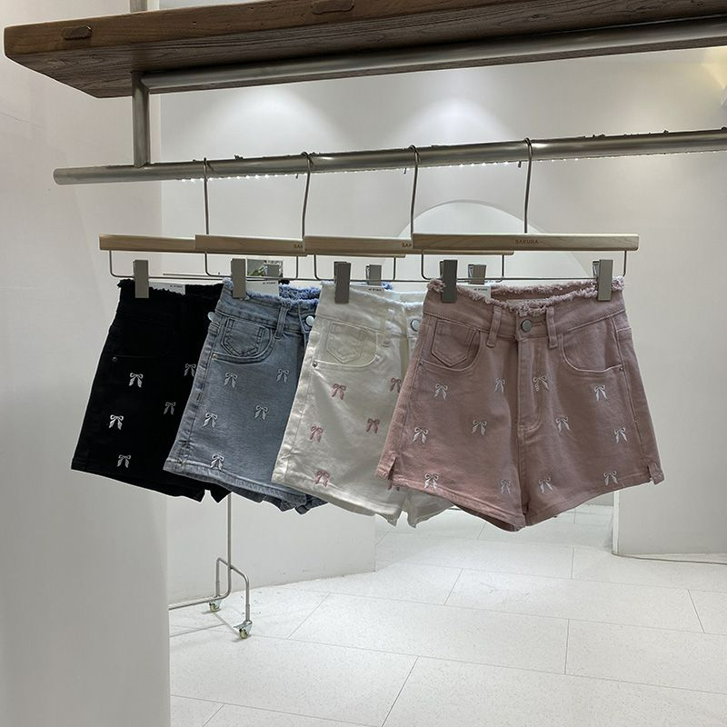Embroidered  Knot Denim Shorts - Shorts Denim Frayed review and price