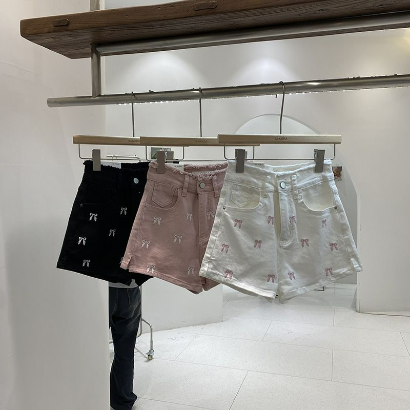 Embroidered  Knot Denim Shorts - Shorts Denim Frayed review and price