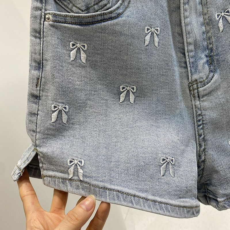 Embroidered  Knot Denim Shorts - Shorts Denim Frayed review and price