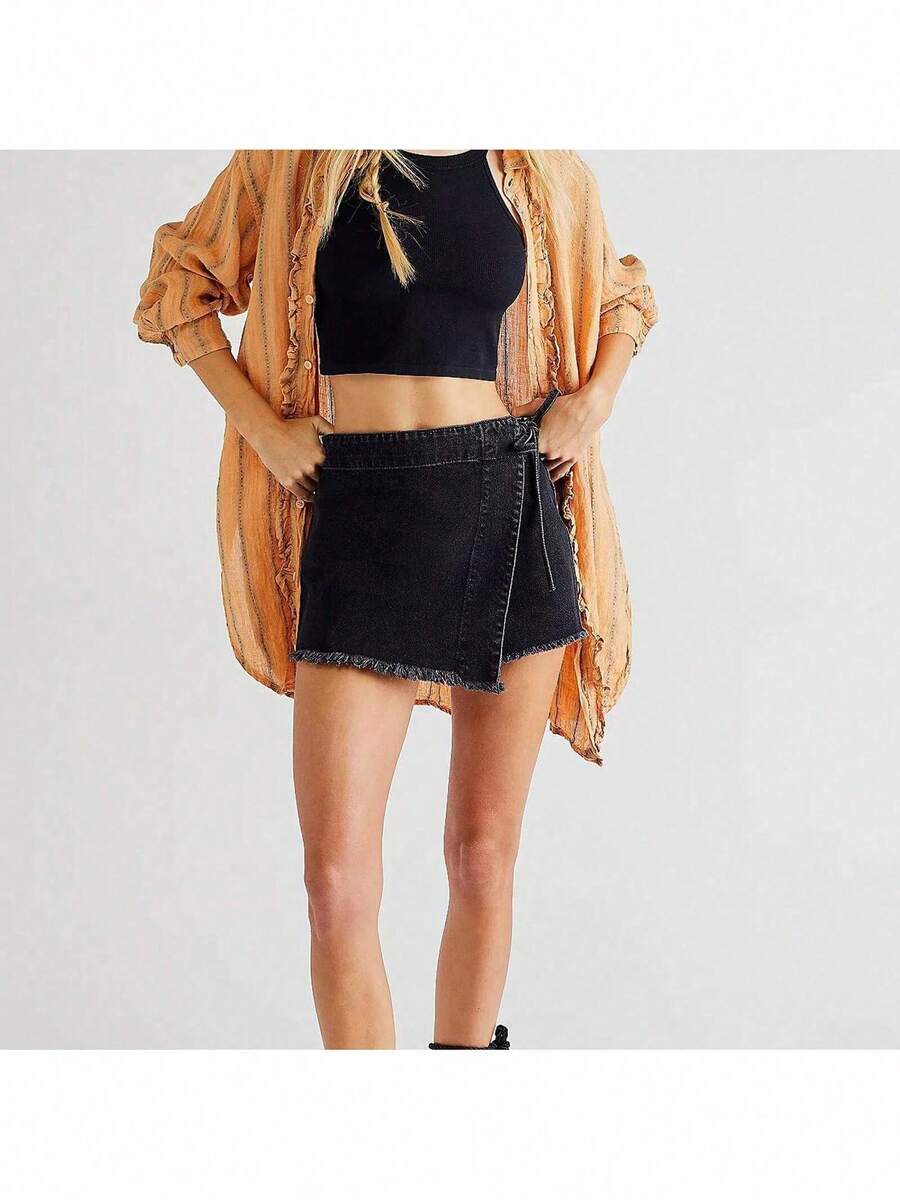 Women Denim Wrap Skort High Wa - Shorts Denim Frayed review and price