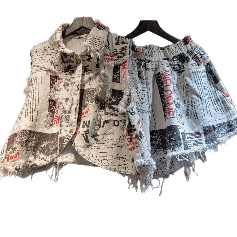 Chic Women Newspapers Letters  - Shorts Denim Frayed review and price