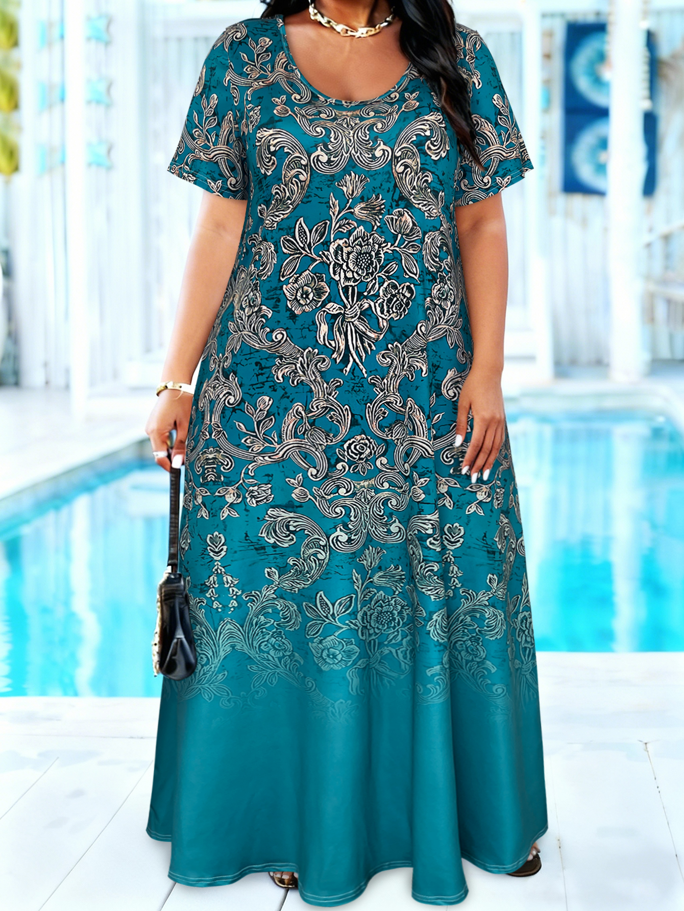 Plus Size Teal Baroque Floral  - Romper Floral Print review and price