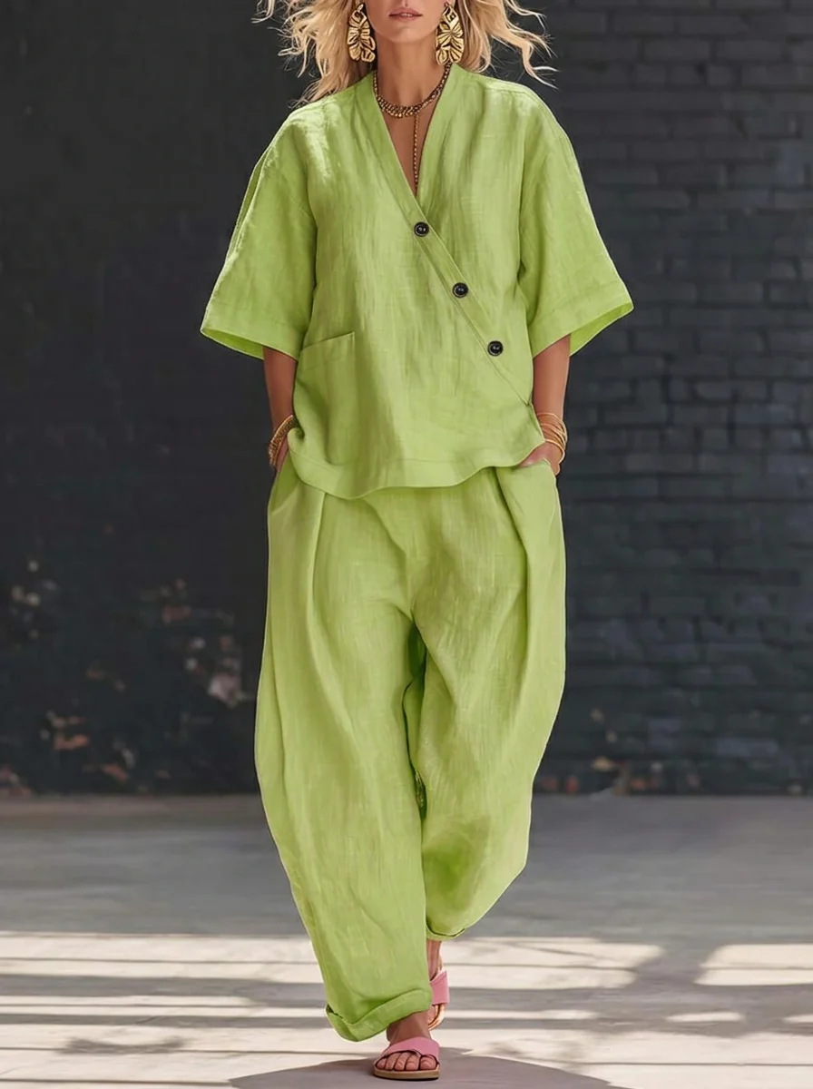 Women’s Two Piece Set Loose V  - Linen Pant Wide review and price