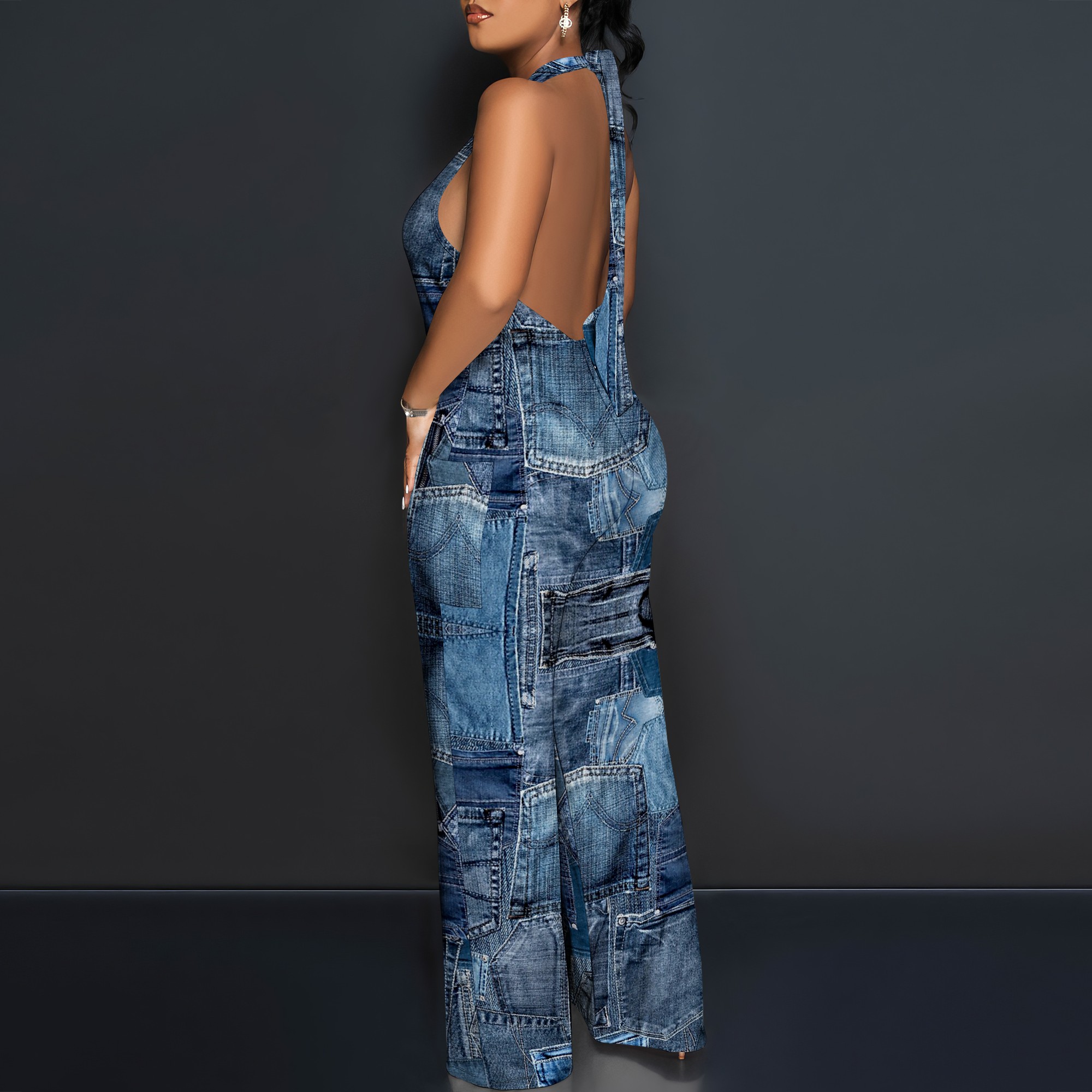Denim Patchwork Halter V-Neck  - Maxi Dress Halter review and price