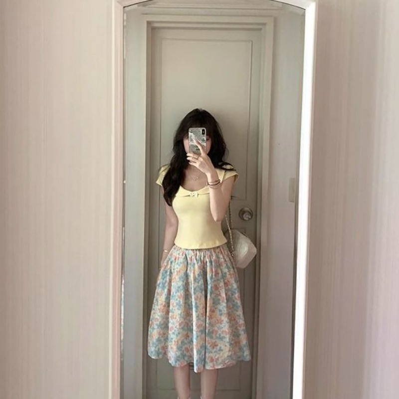 Women 2 Piece Set Bow Top And  - Midi Skirt Floral review and price