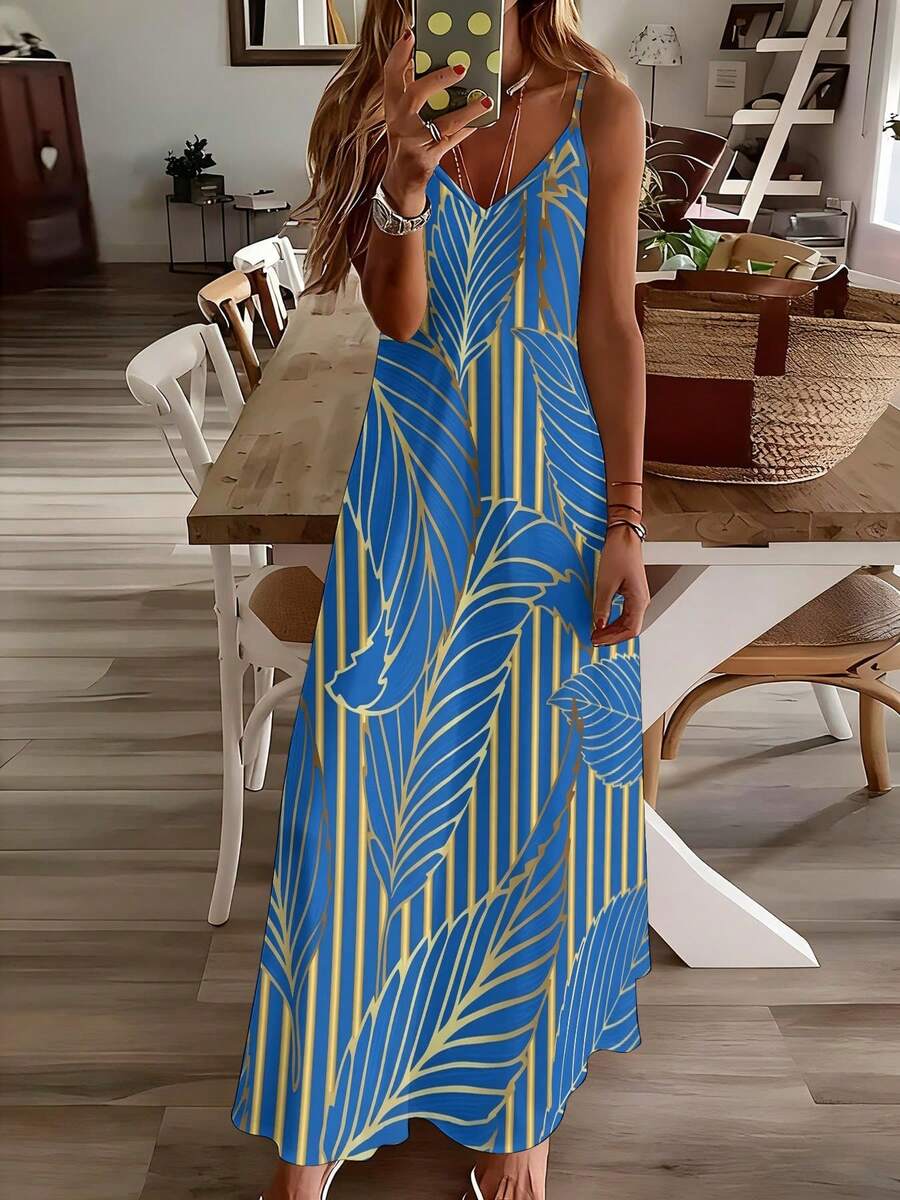 Blue Tropical Leaf Print V-Nec - Maxi Dress Halter review and price